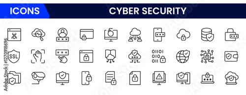 Cyber security icon set with information, technology, data network, malware, virus, unauthorized access and protected.