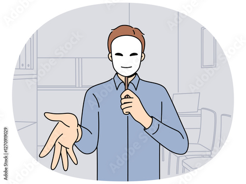 Man manager in mask extends palm for handshake, for concept of deception and hypocrisy in business. Guy office clerk wants to deceive colleague or boss, using mask to substitute emotions.