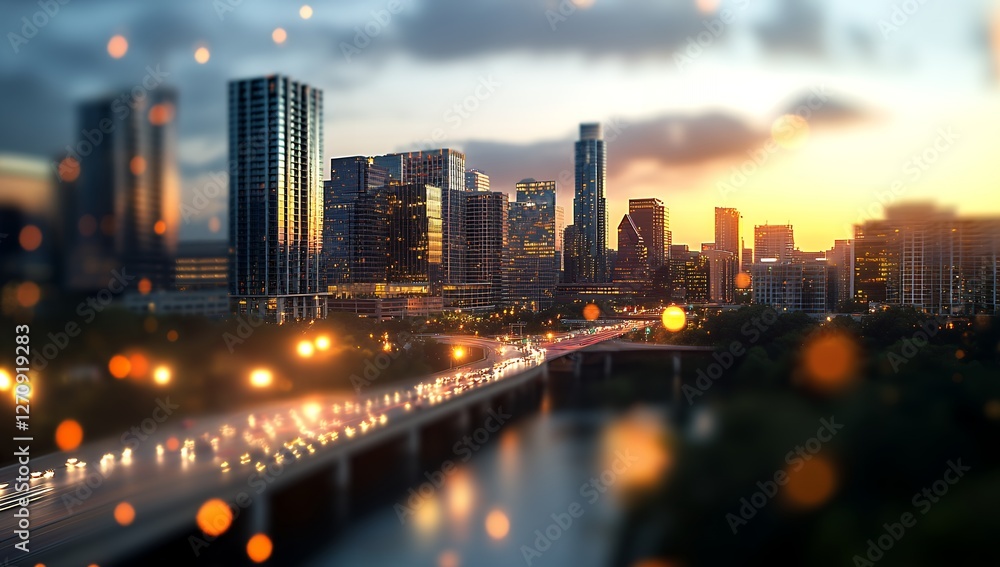 Obraz premium A vibrant cityscape at sunset, showcasing a bustling highway and modern skyscrapers, creating a beautiful urban scene