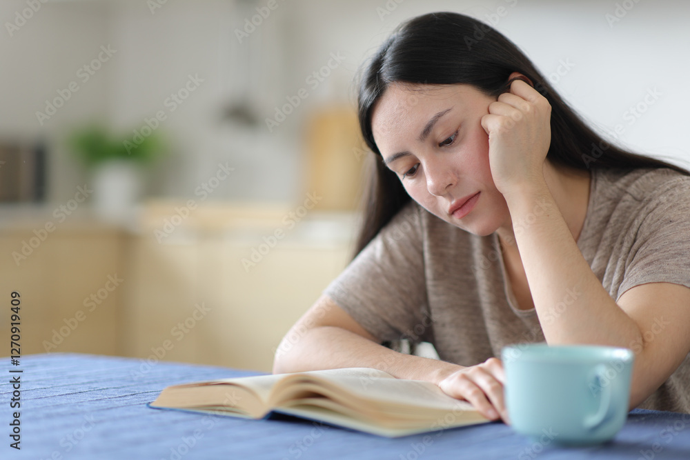 Asian woman reading paper book in a kitchen Asian woman reading paper book in a kitchen