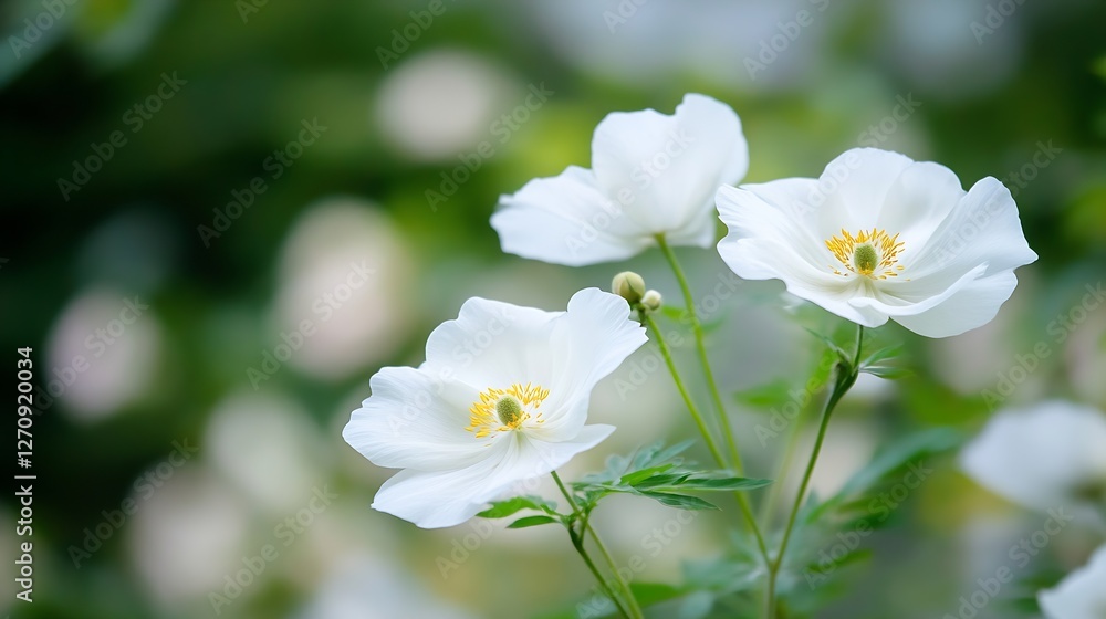 Delicate White Flowers with Green Leaves Against a Soft Blurred Background : Generative AI Delicate White Flowers with Green Leaves Against a Soft Blurred Background : Generative AI