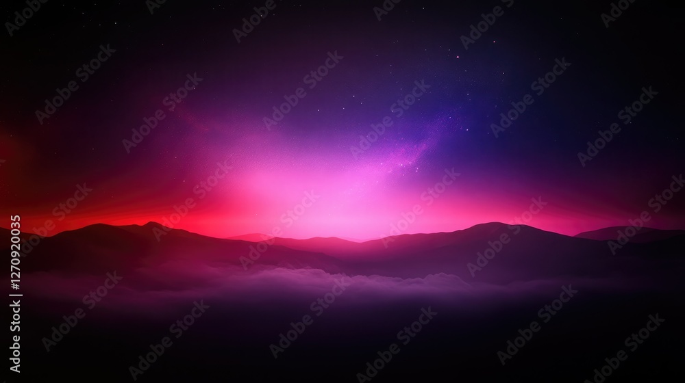Stunning twilight sky over misty mountains with vibrant hues of purple and pink illuminating the horizon at dusk Stunning twilight sky over misty mountains with vibrant hues of purple and pink illuminating the horizon at dusk