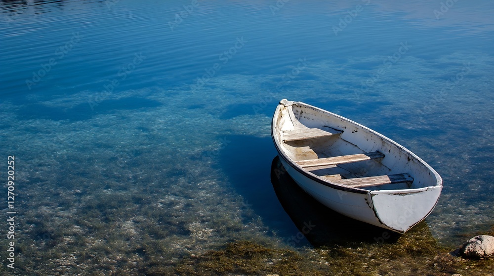 Naklejka premium Lonely White Rowboat Moored Peacefully on Clear Blue Water Under Bright Sky : Generative AI