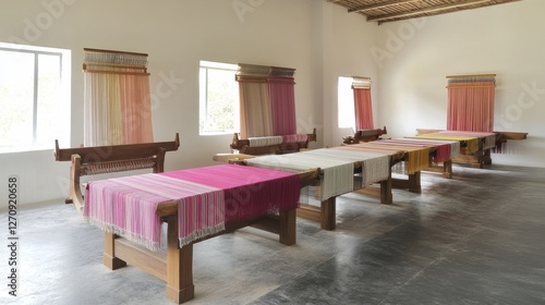 Wallpaper Mural A row of textile looms in a modern factory, manufacturing soft and colorful fabrics. Torontodigital.ca