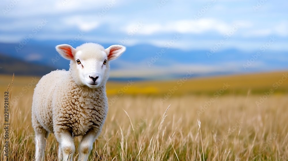 Adorable young sheep standing proudly in a golden field with a bright blue sky in the background : Generative AI Adorable young sheep standing proudly in a golden field with a bright blue sky in the background : Generative AI