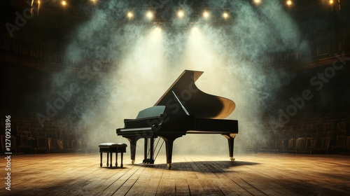 A grand piano on an empty concert stage with dramatic lighting