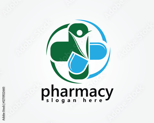 creative open pill taking out people raising both hands with a background plus a medical logo design