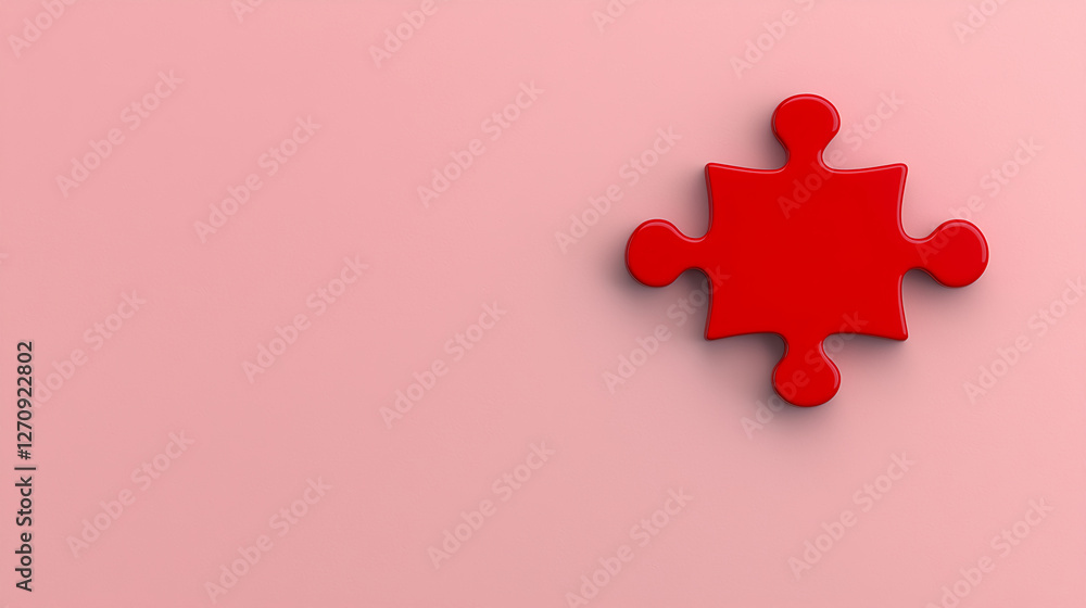 Single red puzzle piece on a soft pink background Single red puzzle piece on a soft pink background