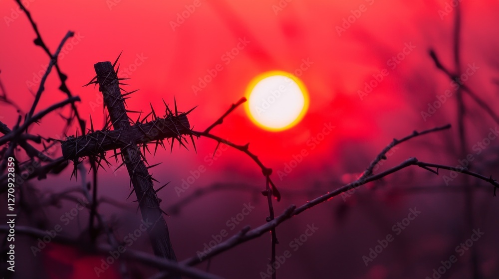 A striking cross adorned with thorns stands against a breathtaking sunset, casting shadows over an ethereal landscape filled with vibrant colors, symbolizing hope and resilience A striking cross adorned with thorns stands against a breathtaking sunset, casting shadows over an ethereal landscape filled with vibrant colors, symbolizing hope and resilience