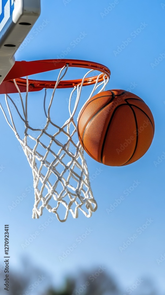 Fototapeta premium A basketball gracefully swishes through the net as players enjoy an exhilarating outdoor game beneath a clear blue sky