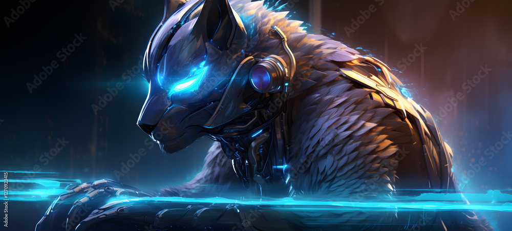 Science fox nine tail humanoid cyborg in futuristic neon, ai generative Science fox nine tail humanoid cyborg in futuristic neon, ai generative