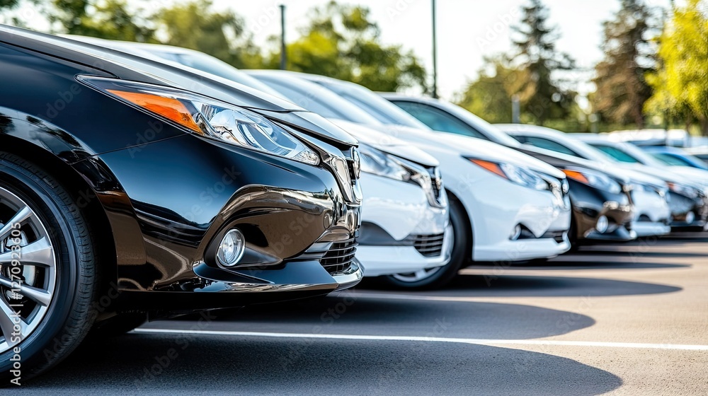 Parked cars in a well-lit lot showcase various colors and models during the day, highlighting clean lines and modern designs in an urban setting Parked cars in a well-lit lot showcase various colors and models during the day, highlighting clean lines and modern designs in an urban setting