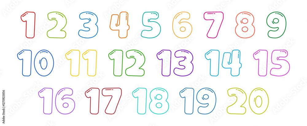 Cartoon number from one to twenty line icon, cute kid math font outline design, school funny 1 to 20 letter, colorful alphabet, children education figure set. Learn simple vector illustration Cartoon number from one to twenty line icon, cute kid math font outline design, school funny 1 to 20 letter, colorful alphabet, children education figure set. Learn simple vector illustration