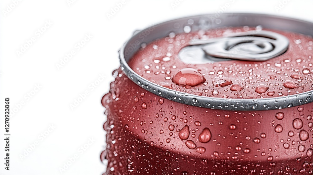 Close-up of a red beverage can showcasing condensation against a minimalist white background in a studio setting Close-up of a red beverage can showcasing condensation against a minimalist white background in a studio setting