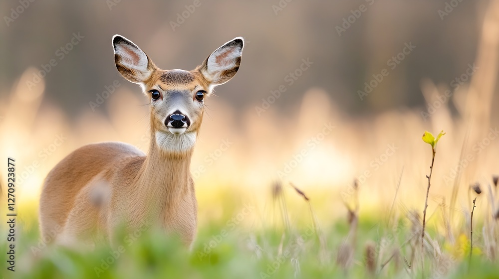 Elegant deer standing gracefully in a sunlit meadow surrounded by delicate greenery in the wild : Generative AI Elegant deer standing gracefully in a sunlit meadow surrounded by delicate greenery in the wild : Generative AI