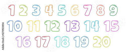 Cartoon number from one to twenty line icon, cute kid math font outline design, school funny 1 to 20 letter, colorful alphabet, children education figure set. Learn simple vector illustration