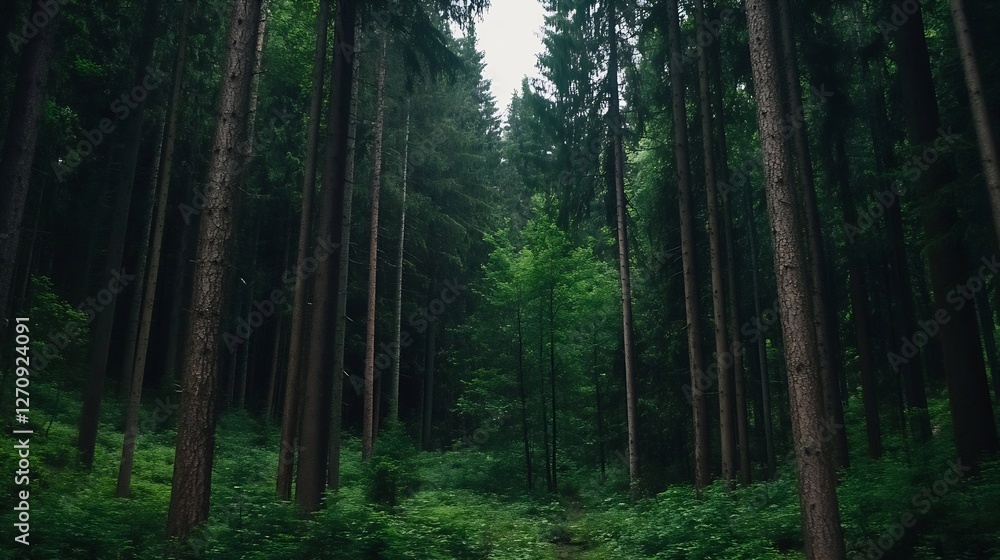 Obraz premium Tall Trees Surrounding a Beautiful Green Forest Creating a Lush and Serene Atmosphere : Generative AI
