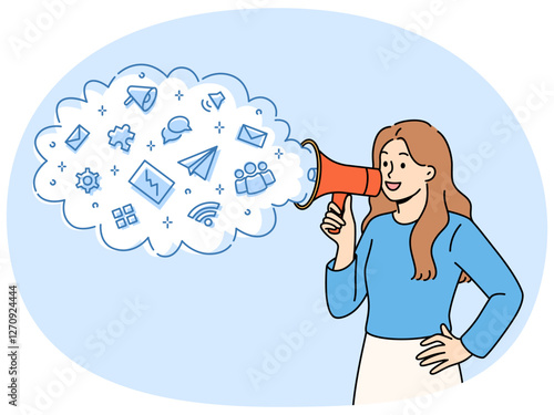 Woman with megaphone in hands announces business event or works as promoter advertising company services. Girl promoter with loudspeakers near cloud with icons symbolizing marketing