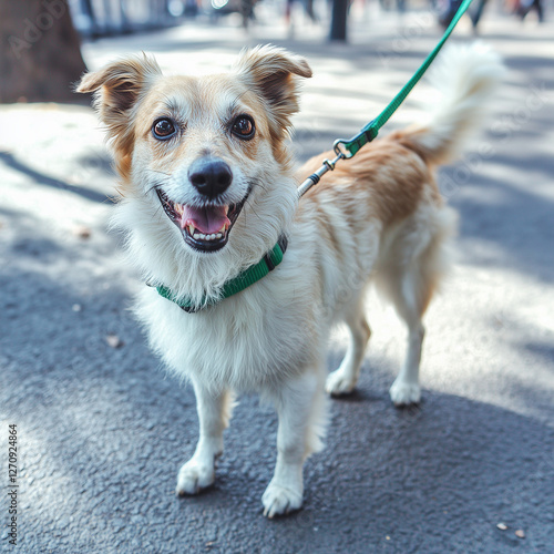 Cheerful dog on leash smiling while walking through park, radiating happiness and playfulness