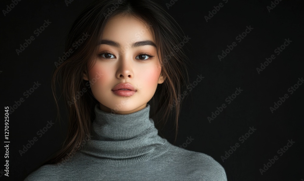 A close-up portrait of a beautiful Asian woman in a grey turtleneck, on a dark background. A close-up portrait of a beautiful Asian woman in a grey turtleneck, on a dark background.