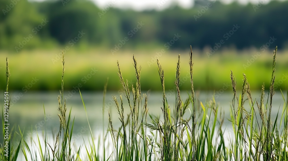Lush Green Grasses Gently Swaying by a Calm Body of Water Reflecting the Environment : Generative AI Lush Green Grasses Gently Swaying by a Calm Body of Water Reflecting the Environment : Generative AI
