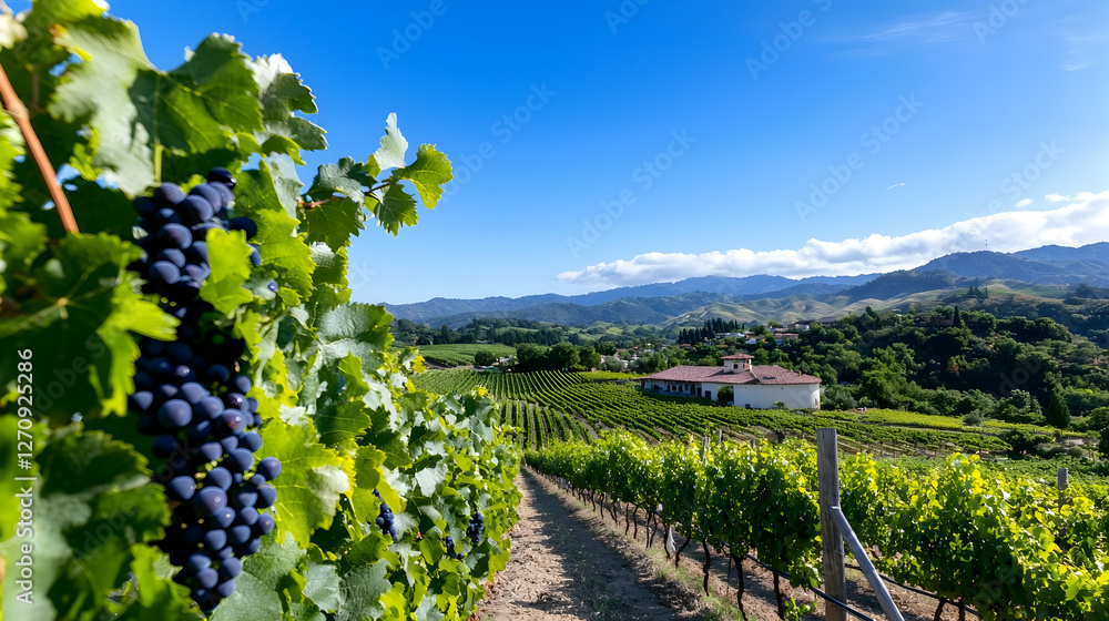 Obraz premium Picturesque Vineyard Rows With Blue Grapes Under Sunny Sky