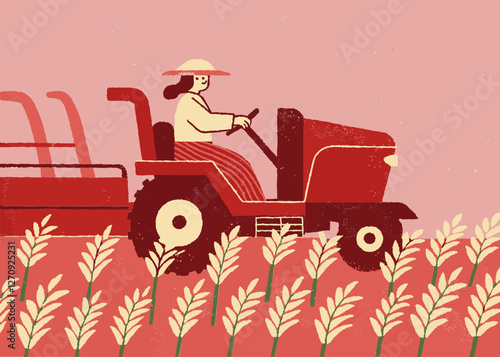 Illustration of an image of agriculture and farmers growing and harvesting rice. Cute touch.