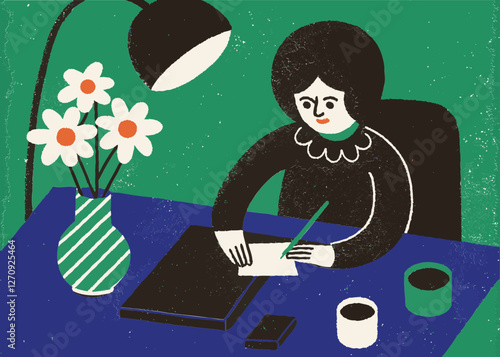 Illustration of a woman writing. Alone time. Simple and lovely touch.