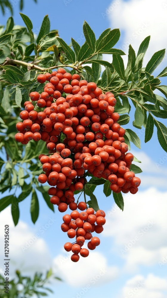 Vibrant clusters of red berries hanging from a tree branch against a bright blue sky with fluffy clouds Vibrant clusters of red berries hanging from a tree branch against a bright blue sky with fluffy clouds