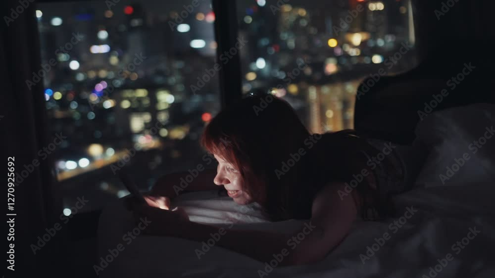 Woman using smartphone lying on bed in hotel room at night Woman using smartphone lying on bed in hotel room at night