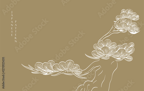 Black and white bonsai tree or pine tree elements. Japanese background with Asian traditional icon vector. Natural art with brown background in vintage style.