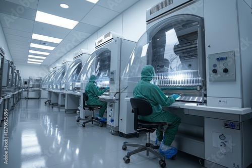 Pharmaceutical industry factory and production laboratory (color toned image; shallow DOF), illustrating the concept of COVID vaccine production