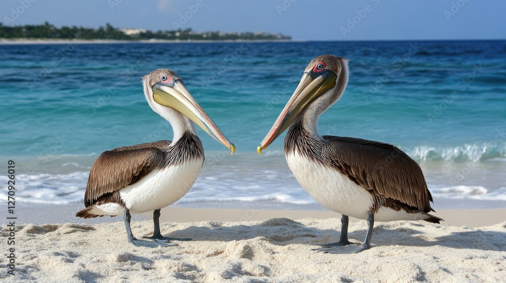 Brown pelicans stand on the sandy beach near the turquoise ocean under a clear blue sky in a tropical coastal setting Brown pelicans stand on the sandy beach near the turquoise ocean under a clear blue sky in a tropical coastal setting