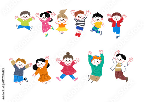 Plakat 色鉛筆で描いたジャンプする子供たちのセット