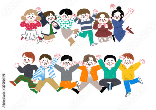 色鉛筆で描いたジャンプする人々のイラスト（男女別）
