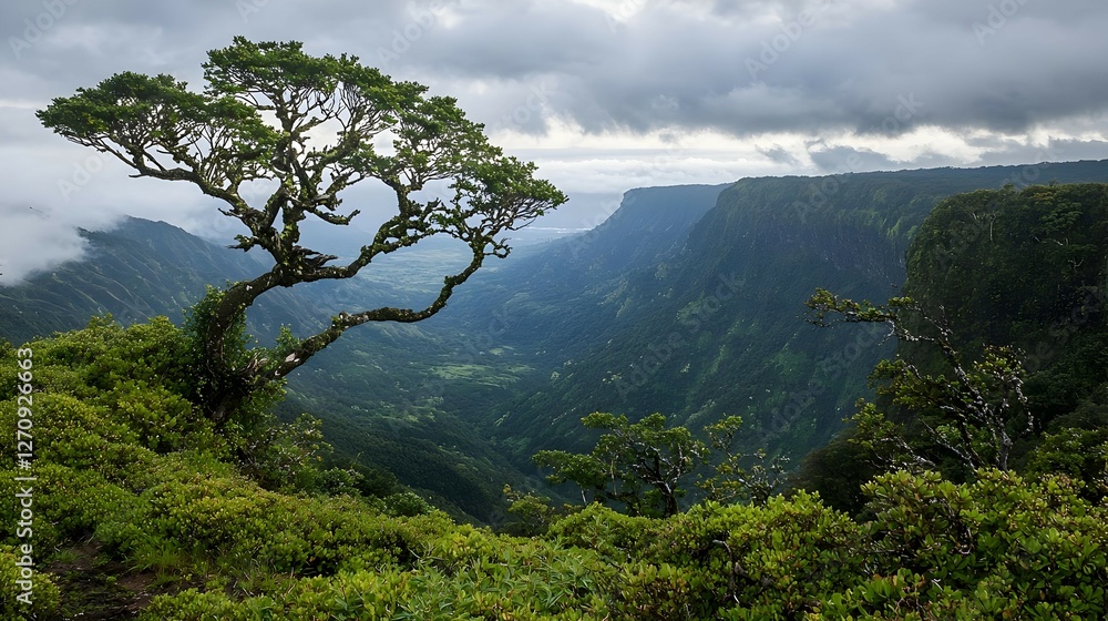 Lush Green Valley Landscape with Solitary Tree Under an Overcast Sky Lush Green Valley Landscape with Solitary Tree Under an Overcast Sky