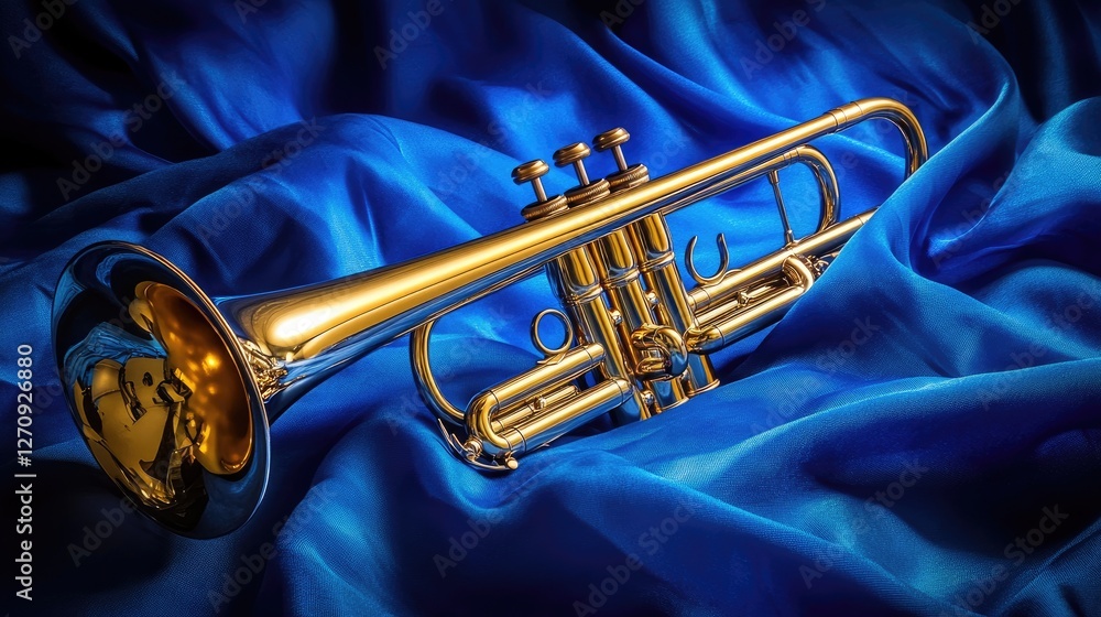 Obraz premium A trumpet gleaming under studio lights, with a soft fabric backdrop in deep blue
