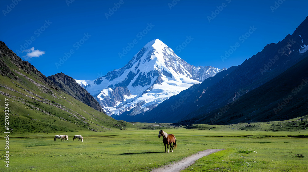 Rugged Mountain Pass in Kyrgyzstan With Horse and Snow Capped Peak Rugged Mountain Pass in Kyrgyzstan With Horse and Snow Capped Peak