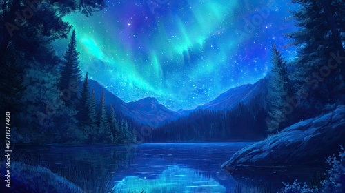 Night sky, aurora borealis, tranquil lake, forest, mountains.