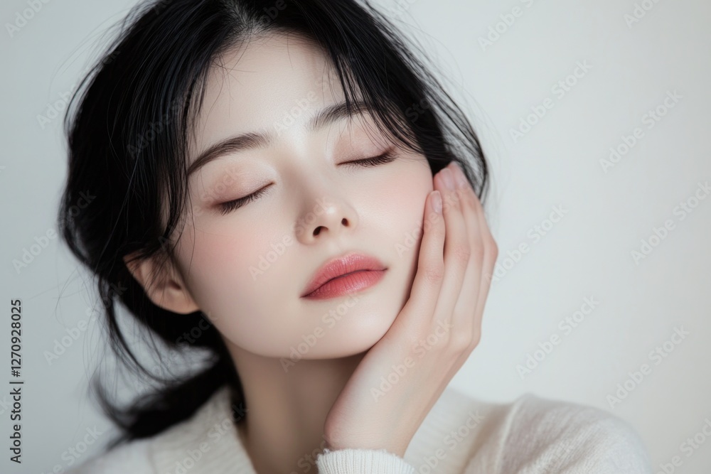 Portrait of a calm Japanese woman with closed eyes, gently touching her face on a soft, light background. Portrait of a calm Japanese woman with closed eyes, gently touching her face on a soft, light background.