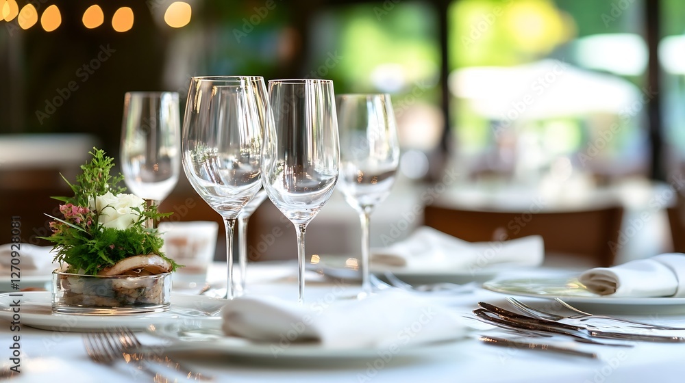 Elegant setting of fine dining table adorned with sparkling glasses and soft flowers for a luxurious meal experience : Generative AI Elegant setting of fine dining table adorned with sparkling glasses and soft flowers for a luxurious meal experience : Generative AI