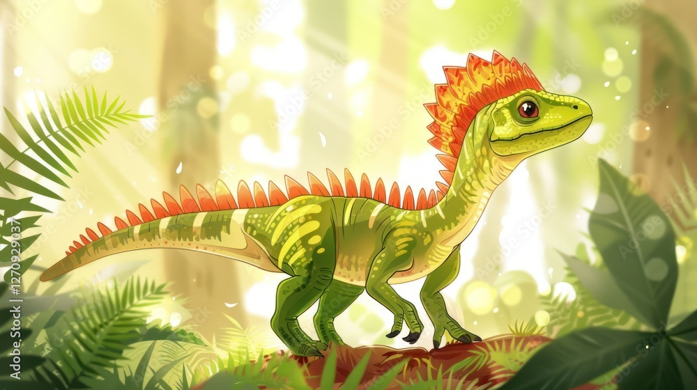 Obraz premium A colorful, cartoonish dinosaur walking through a lush, vibrant forest environment.