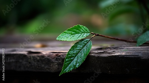 Green Leaves Resting on Vintage Wooden Plank for Nature Inspired Composition and Tranquility : Generative AI photo