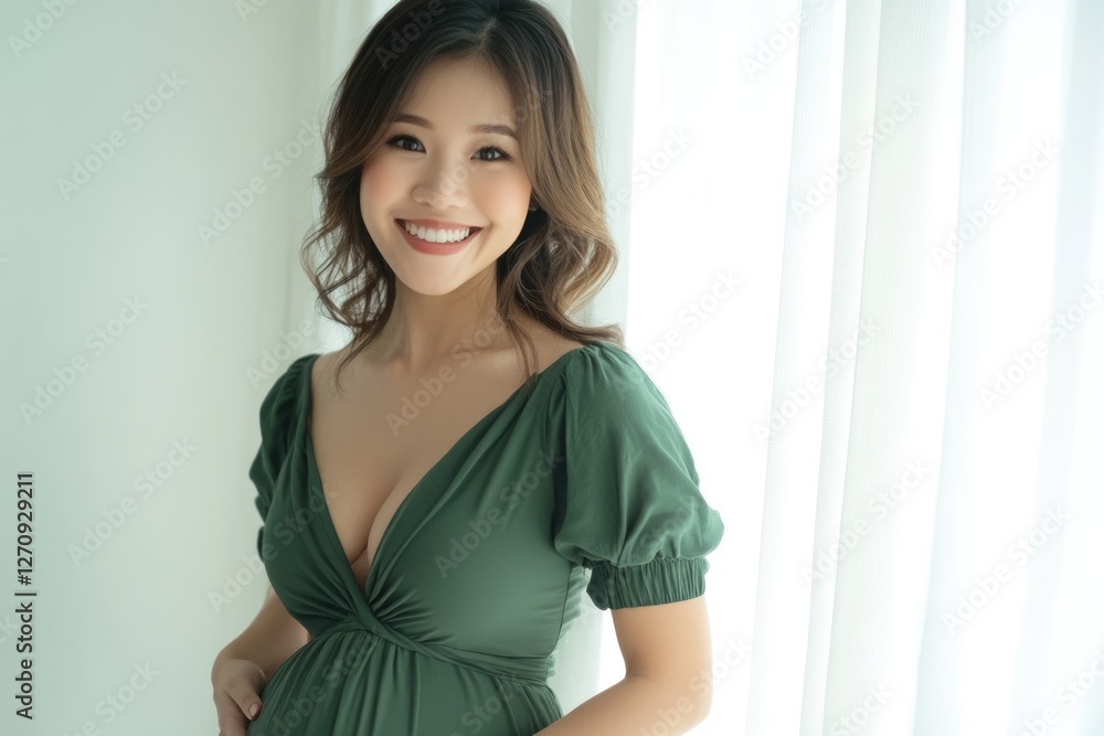 Portrait of a beautiful, pregnant Asian woman wearing a green dress and smiling at the camera. Portrait of a beautiful, pregnant Asian woman wearing a green dress and smiling at the camera.
