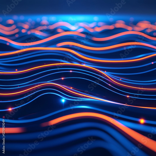 Abstract glowing waves, neon blue and orange, digital landscape photo