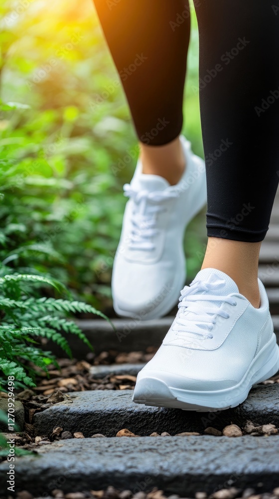 A person is walking along a stone path that is bordered by vibrant greenery while wearing white sneakers on a sunny day A person is walking along a stone path that is bordered by vibrant greenery while wearing white sneakers on a sunny day