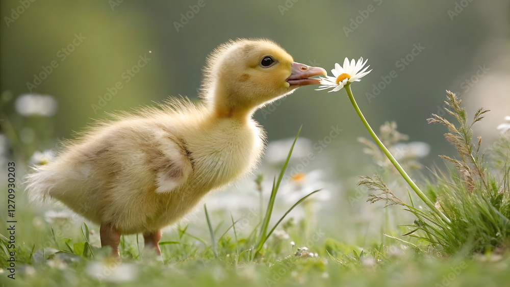Duckling with an innocent mood holding a daisy in a blooming meadow Duckling with an innocent mood holding a daisy in a blooming meadow