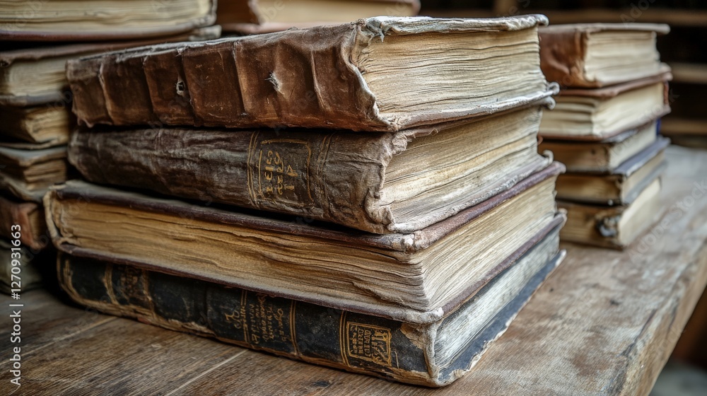 Dusty old books with worn-out covers and frayed edges, piled on a rustic wooden table, aged wisdom and history. Dusty old books with worn-out covers and frayed edges, piled on a rustic wooden table, aged wisdom and history.