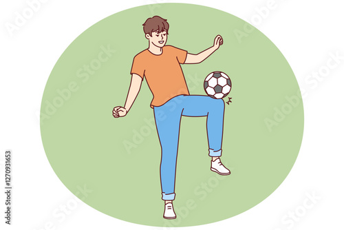 Happy man kicking soccer ball wanting to become famous major league player and compete in international sports competitions. Young promising soccer player training alone with smile doing tricks
