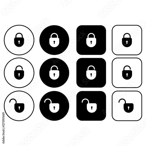 Security button set with lock icons. Collection of open and closed padlocks for access control, login screens